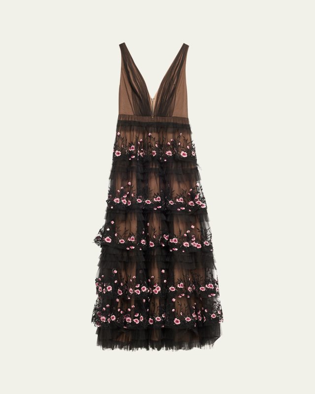 Embroidered Deep V-Neck Ruffle Gown